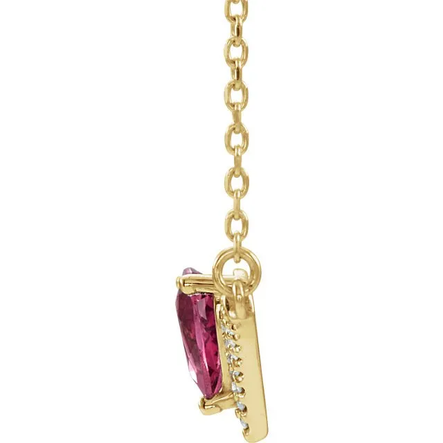 14KT GOLD 0.45 CT PINK TOURMALINE & 0.08 CTW DIAMOND "V" BAR NECKLACE