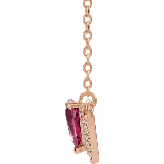 14KT GOLD 0.45 CT PINK TOURMALINE & 0.08 CTW DIAMOND "V" BAR NECKLACE