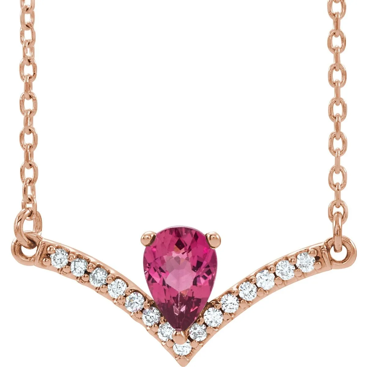 14KT GOLD 0.45 CT PINK TOURMALINE & 0.08 CTW DIAMOND "V" BAR NECKLACE