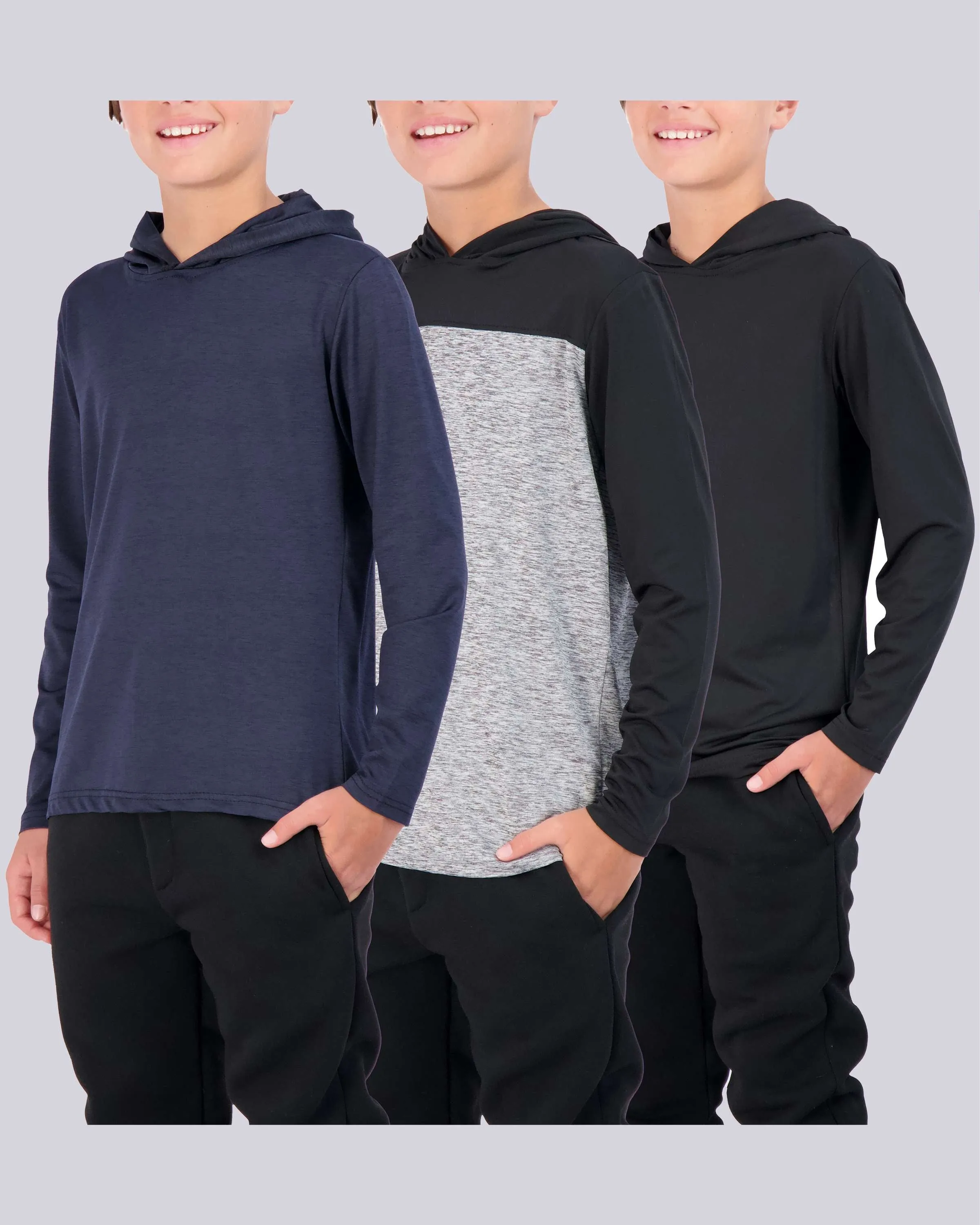 3 Pack: Boys Dry Fit Long Sleeve Active Pullover Hoodie Sweatshirt