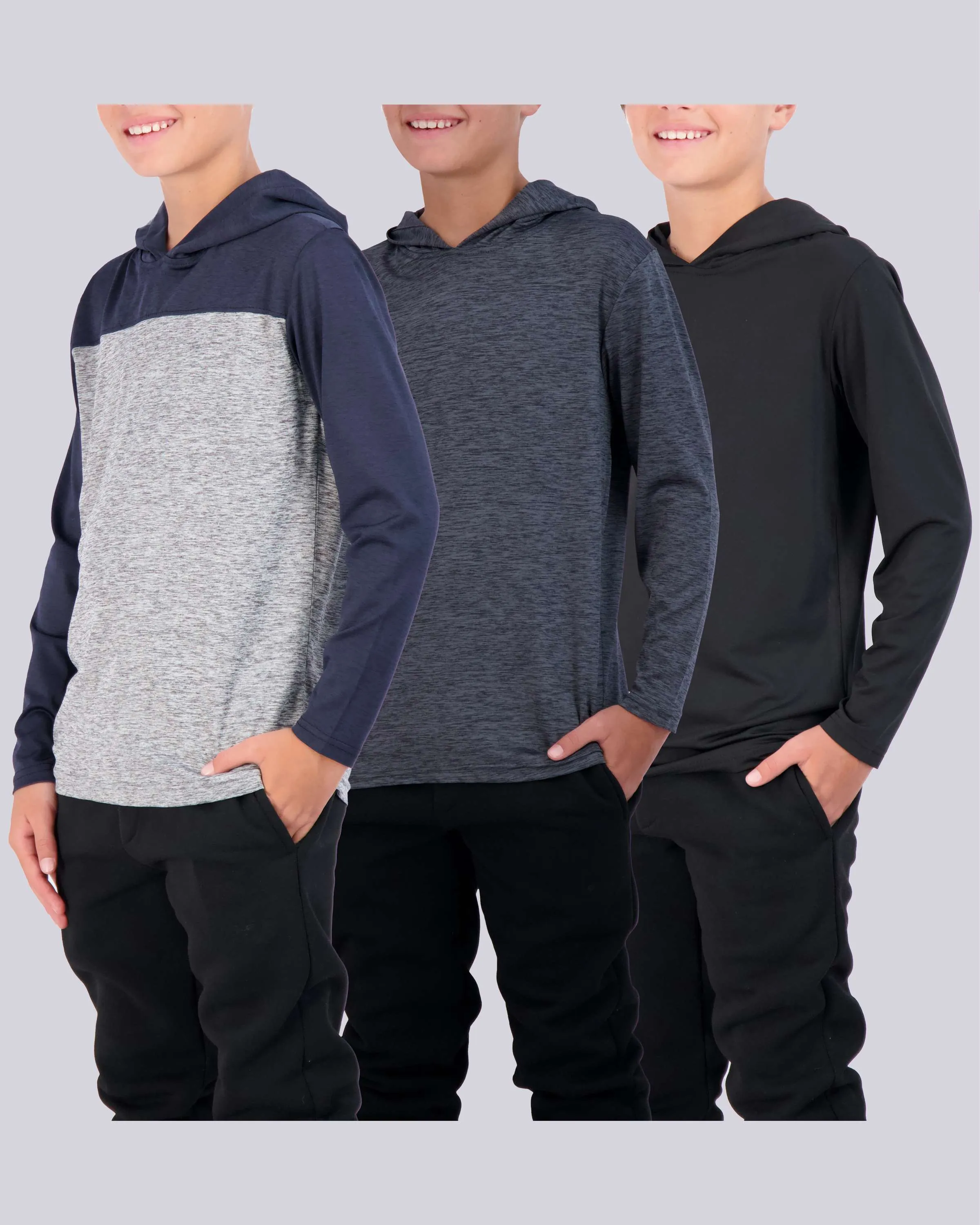 3 Pack: Boys Dry Fit Long Sleeve Active Pullover Hoodie Sweatshirt