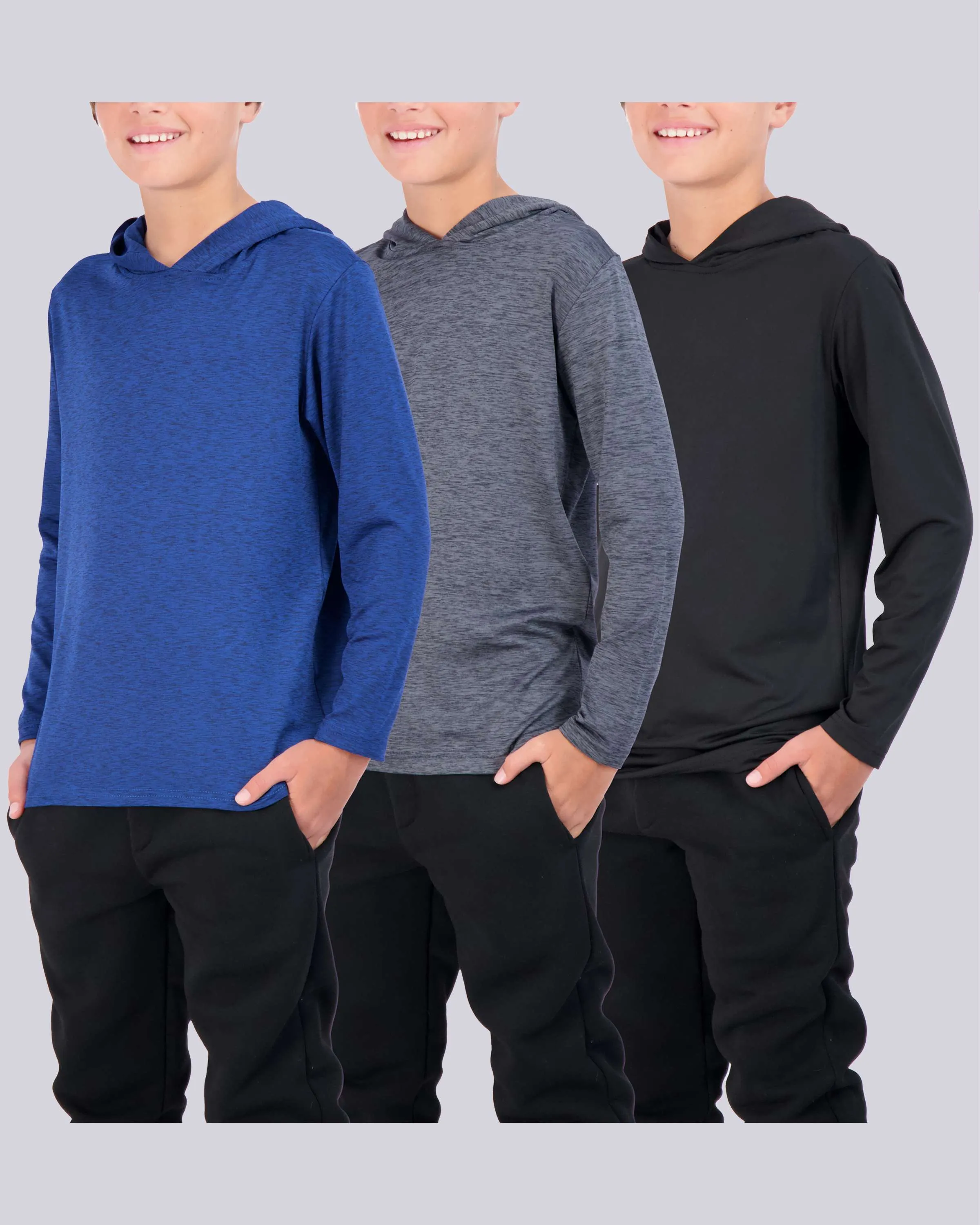 3 Pack: Boys Dry Fit Long Sleeve Active Pullover Hoodie Sweatshirt