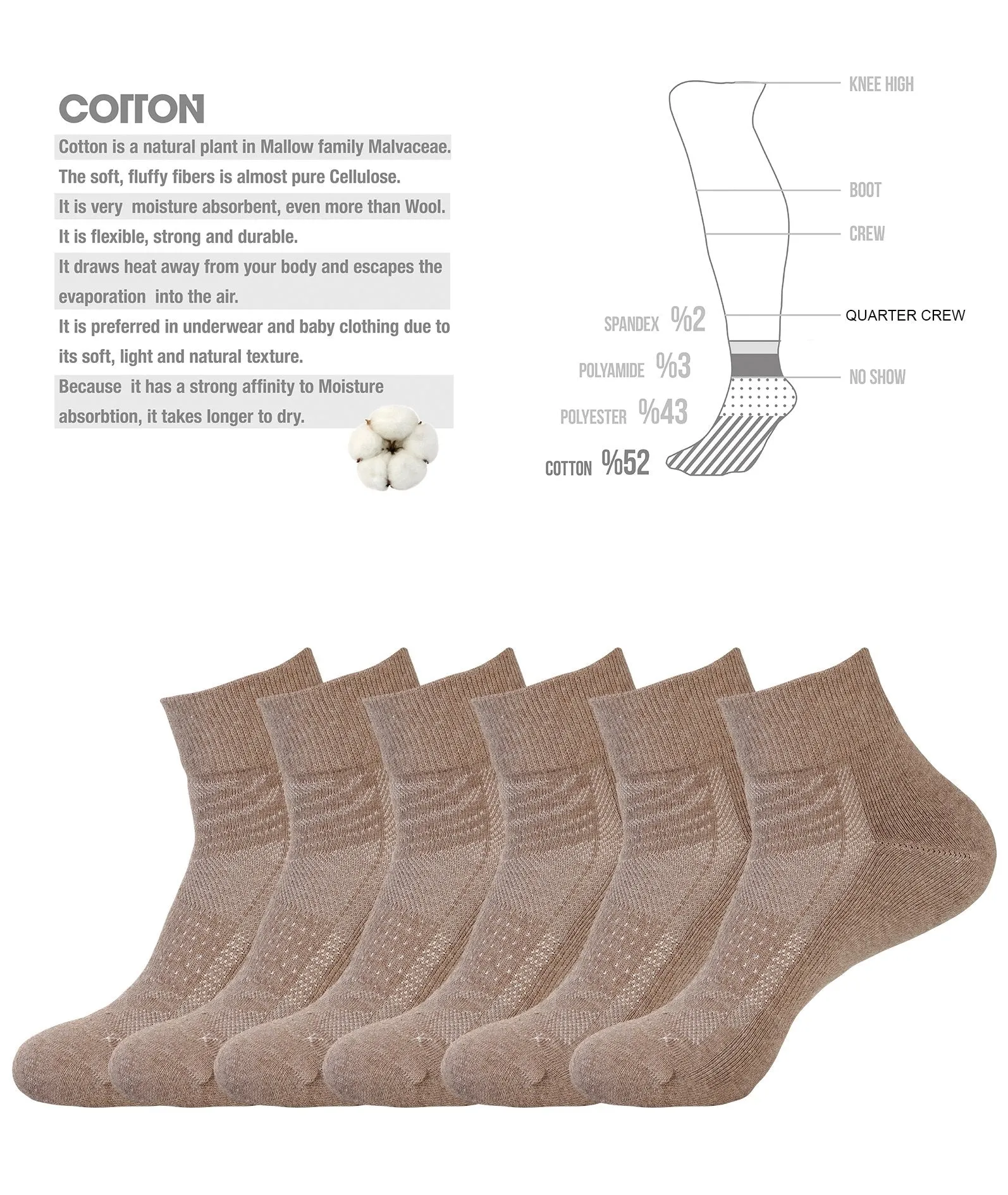 6 PACK QUARTER CREW SOCKS BROWN