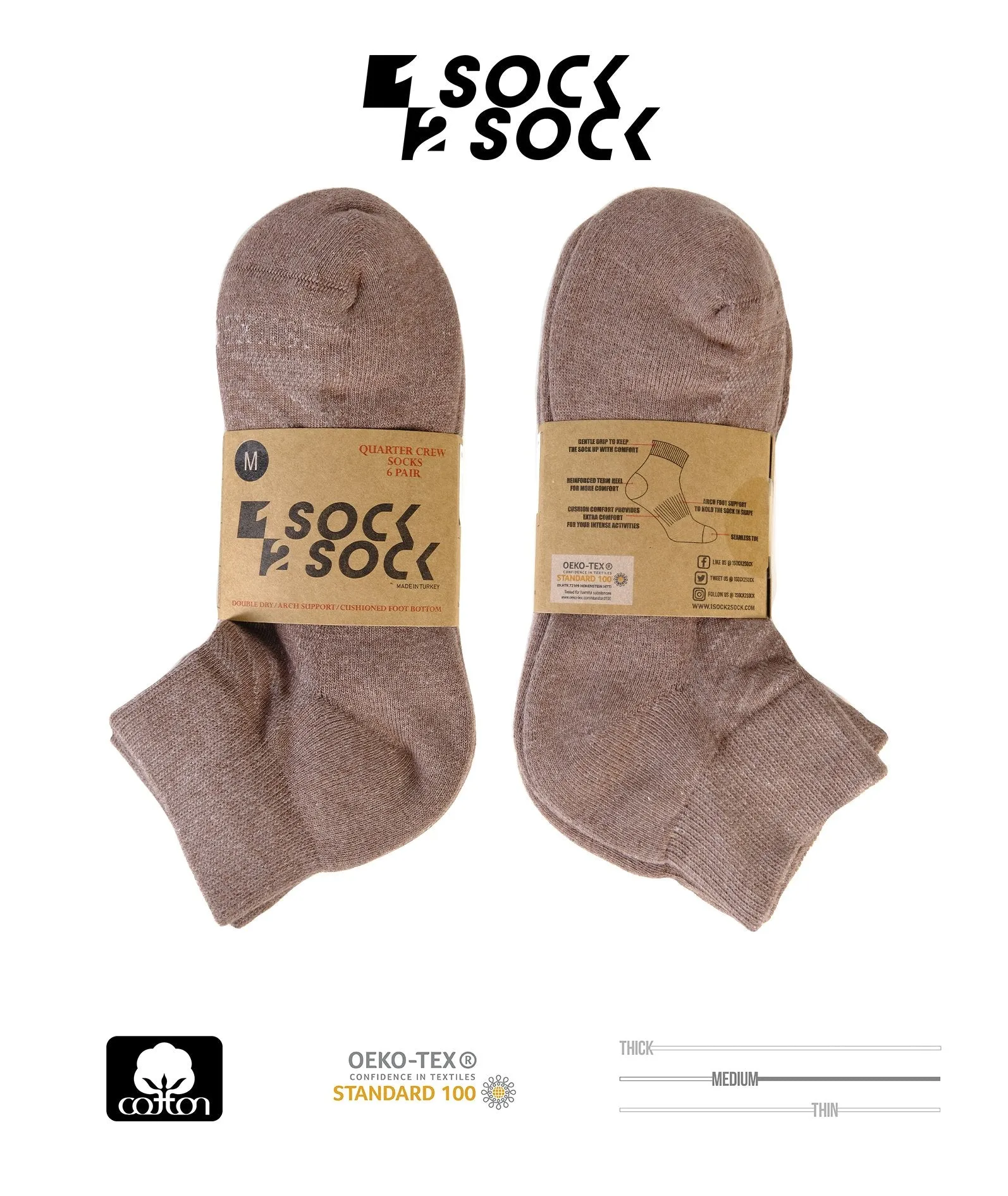 6 PACK QUARTER CREW SOCKS BROWN