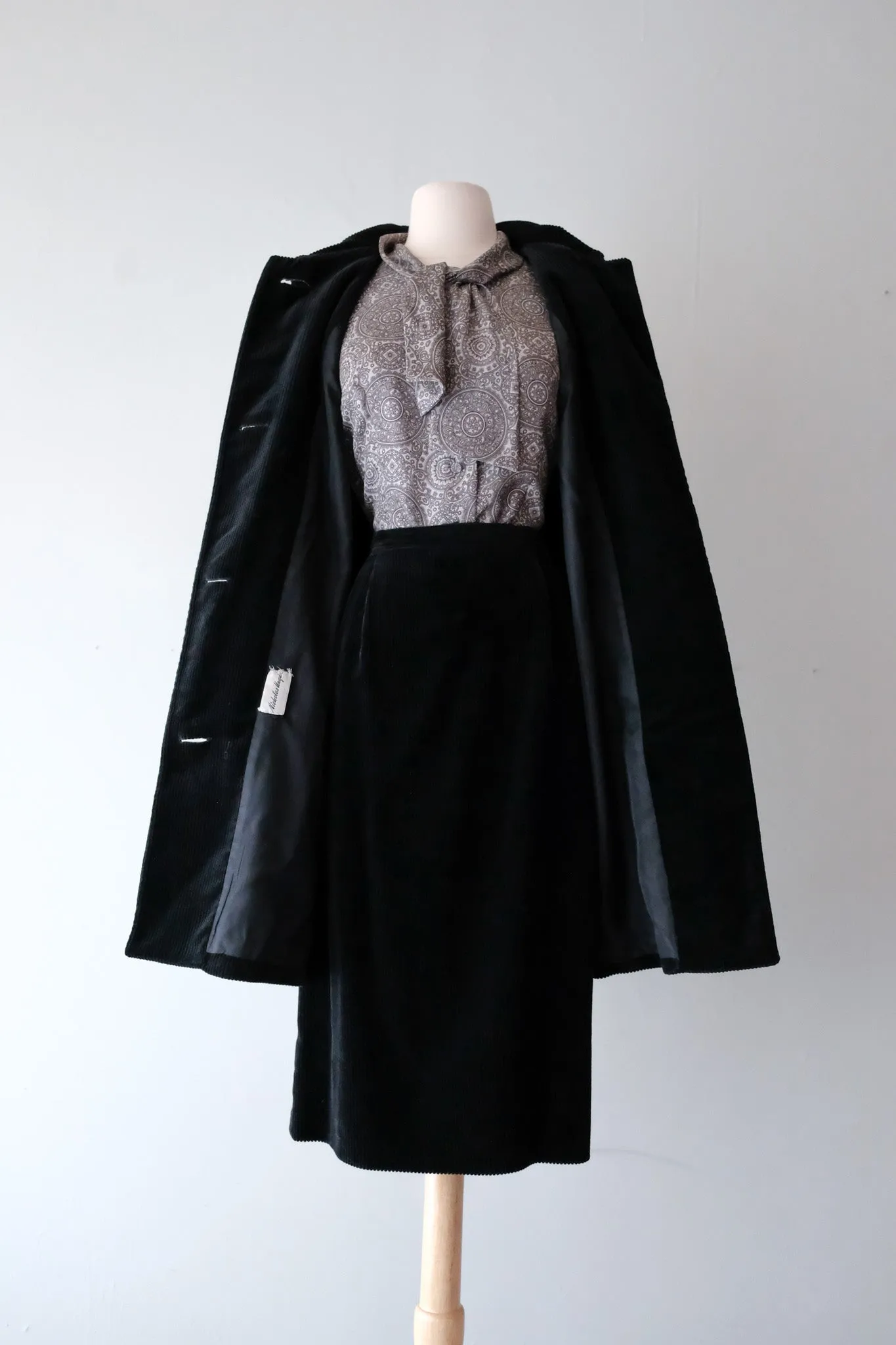 Amazing 1960's Black Corduroy Chore Coat and Skirt Set By Tabak / Sz S