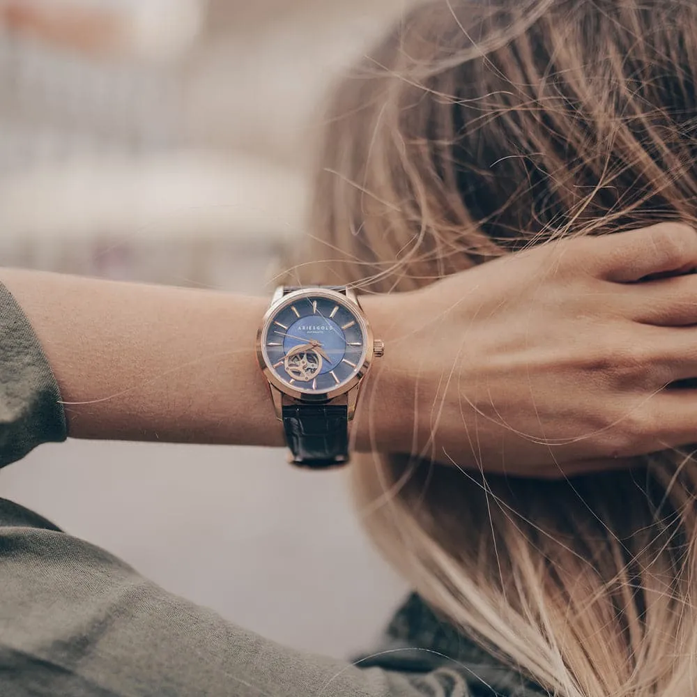 Aries Gold Blue Dial Brown Leather Strap Women Watch L 9023 RG-BU