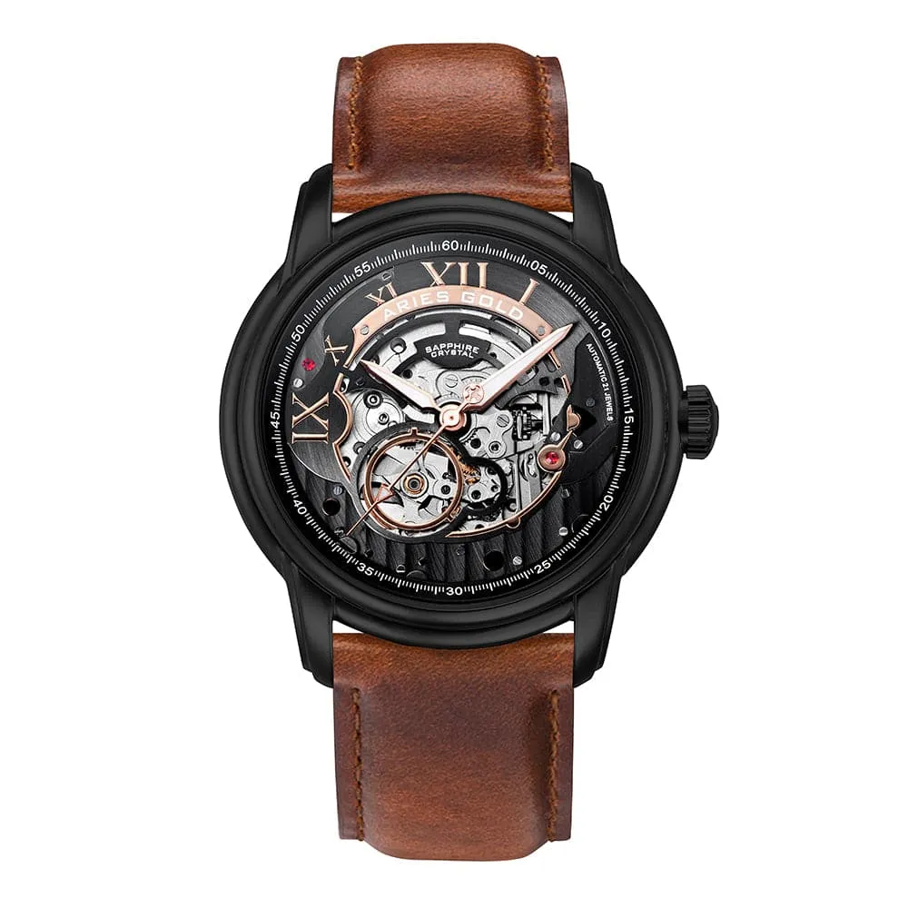 Aries Gold El Toro Black Skeleton Dial Brown Leather Strap Men Watch G 9005A BK-BK