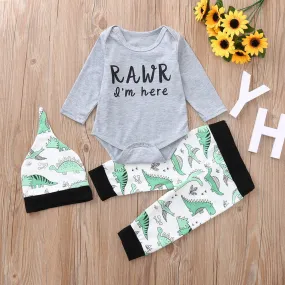 Baby Girl Clothing Set 3PCs Letter Cartoon Dinosaur Romper Jumpsuit Pants Clothing Set