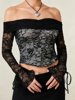 Black Alt Gothic Lace Off The Shoulder Crop Top