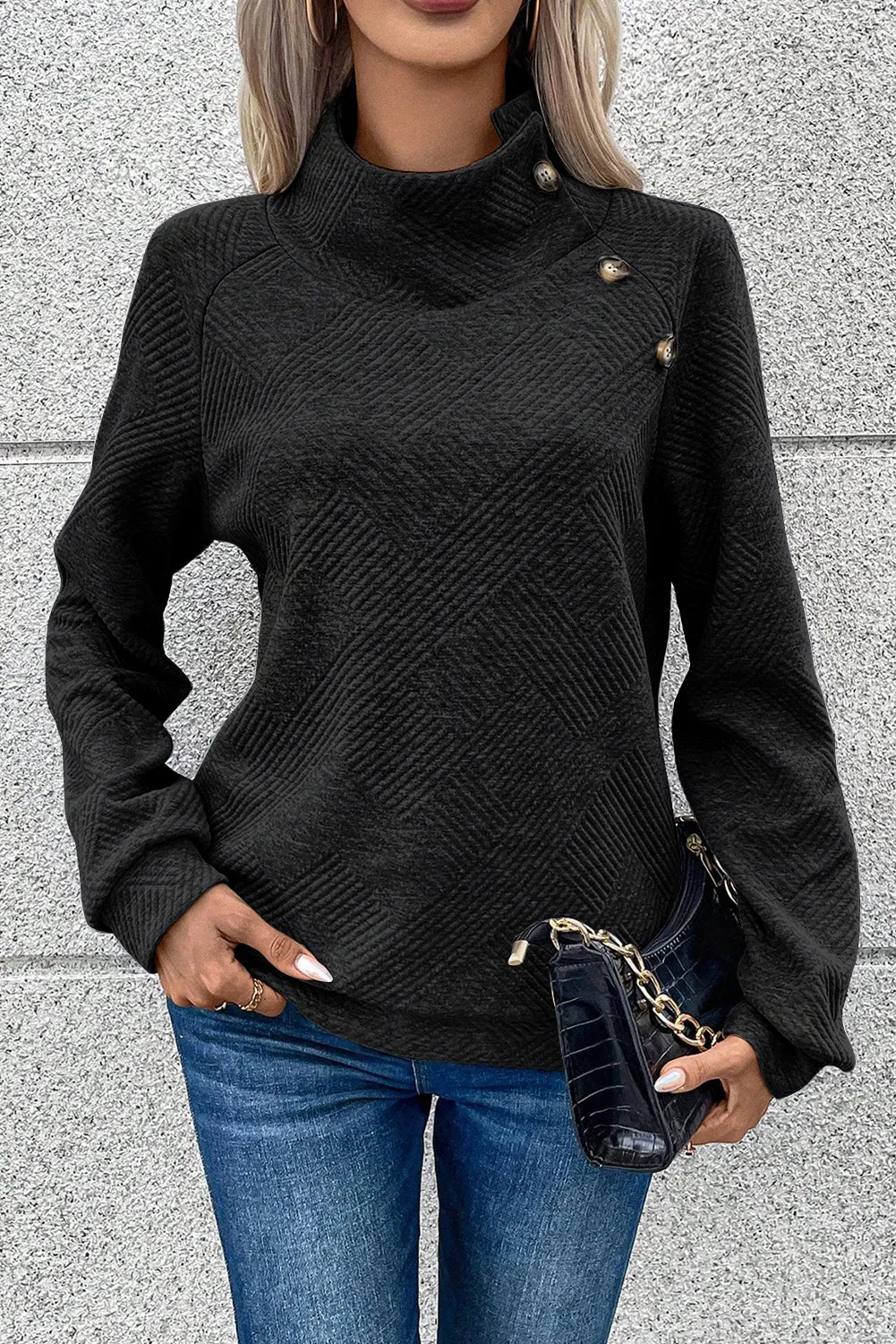 Black Asymmetric Buttons Detail High Neck Textured Sweatshirt