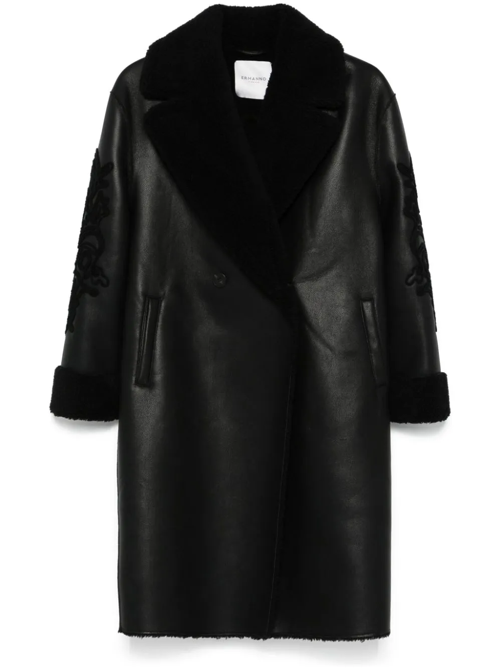 BLACK FAUX LEATHER DOUBLE-BREASTED BUTTON COAT