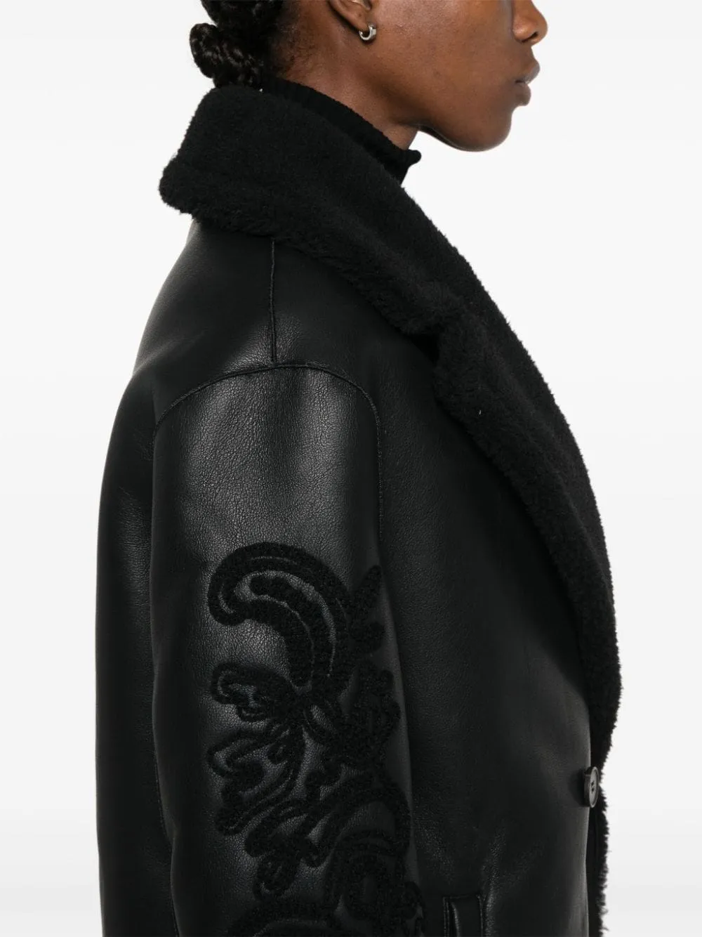 BLACK FAUX LEATHER DOUBLE-BREASTED BUTTON COAT