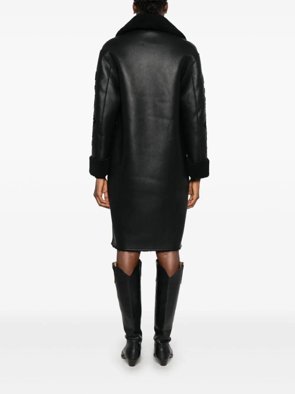 BLACK FAUX LEATHER DOUBLE-BREASTED BUTTON COAT