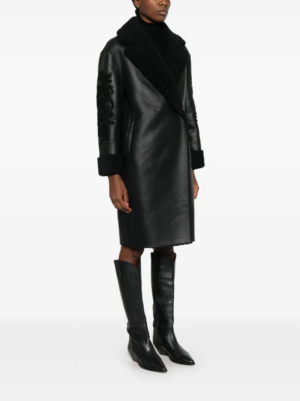 BLACK FAUX LEATHER DOUBLE-BREASTED BUTTON COAT