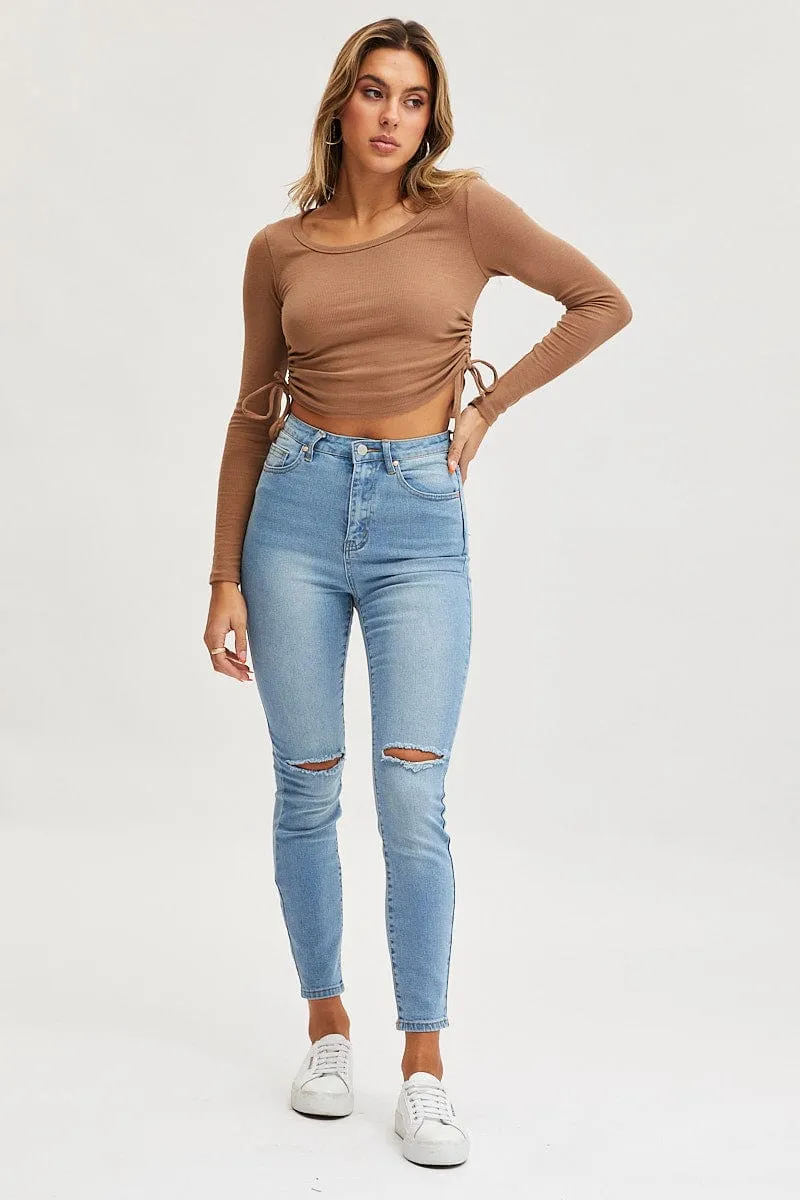 Blue High Rise Knee Slash Skinny Denim Jean