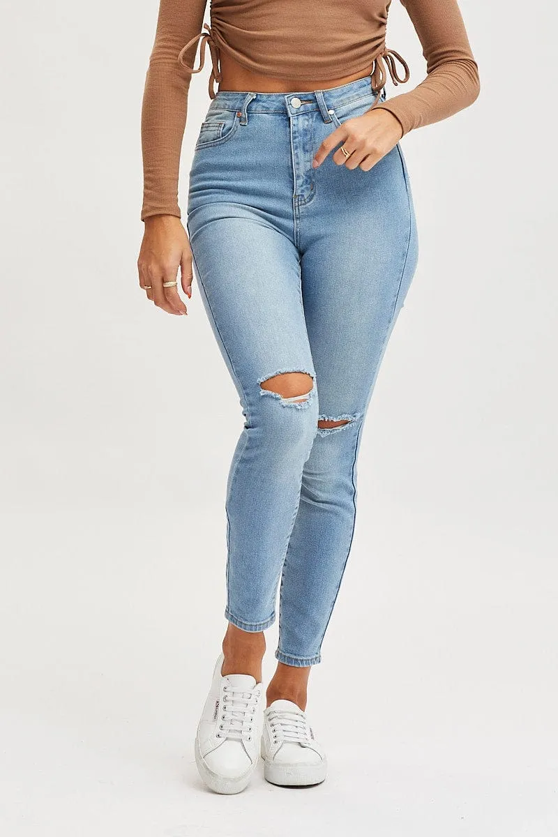 Blue High Rise Knee Slash Skinny Denim Jean