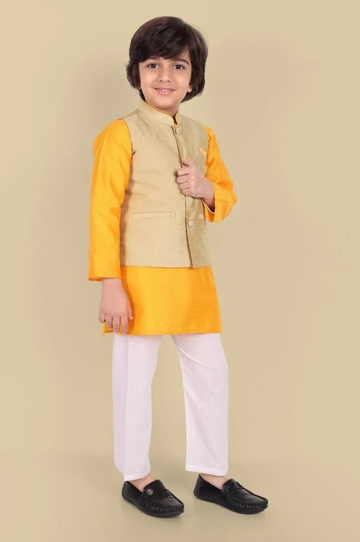 Boys Yellow Kurta with Cotton silk Jacket - Set of 3