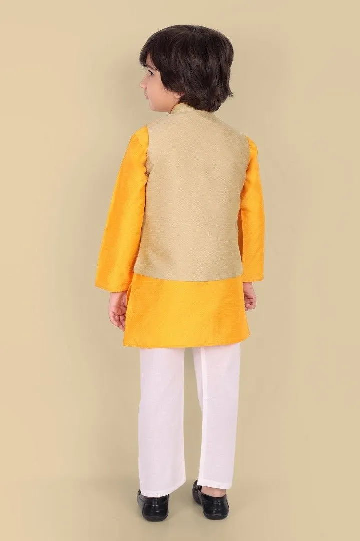 Boys Yellow Kurta with Cotton silk Jacket - Set of 3