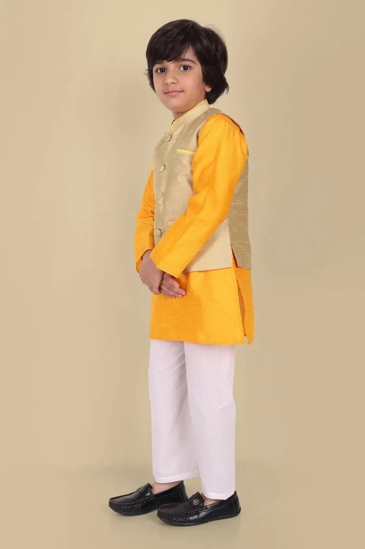 Boys Yellow Kurta with Cotton silk Jacket - Set of 3