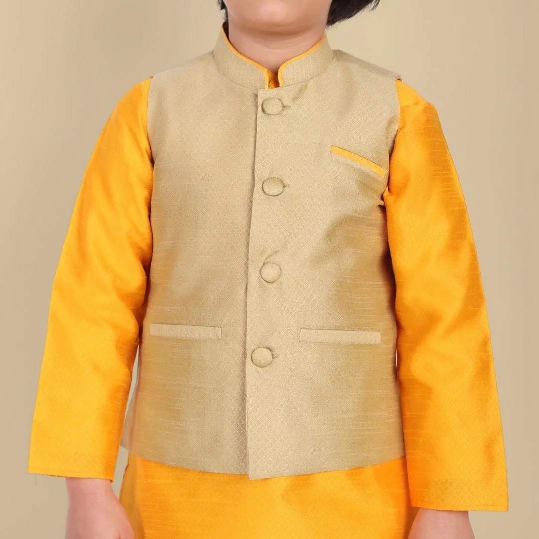 Boys Yellow Kurta with Cotton silk Jacket - Set of 3