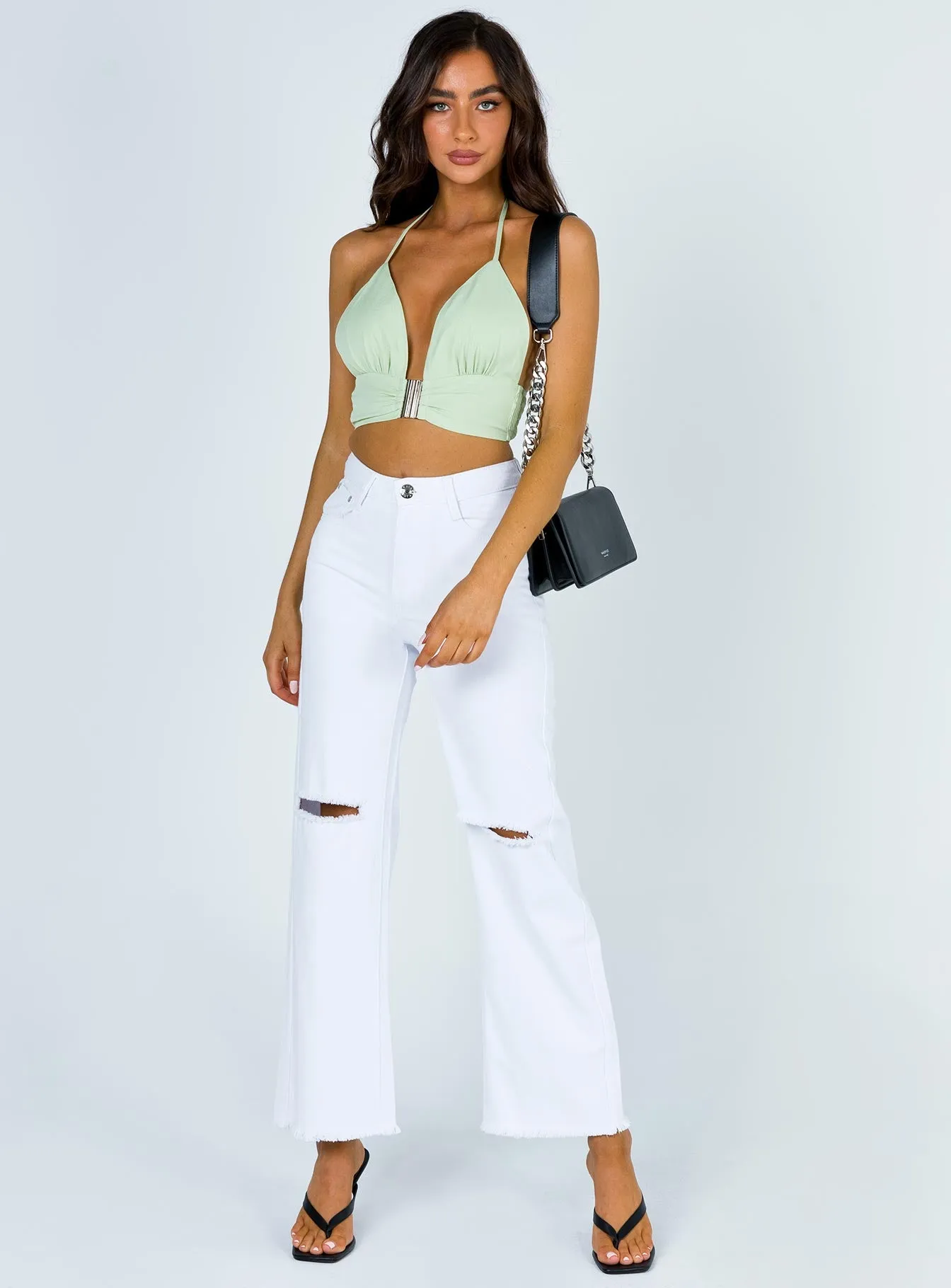 Cece Hammer Wide Leg Knee Rip Jeans White Denim