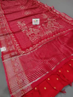 Designer Dola Silk Bandhani Print Gotapatti Aaritari work Saree  AMT Red