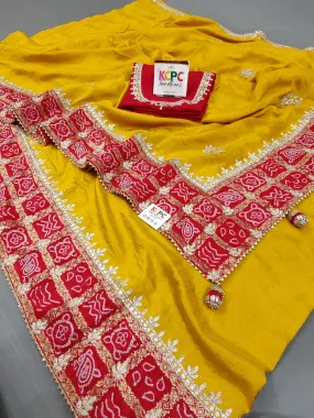 Designer Upada Gaji Silk Bandhani Border Saree with Gotapatti Handwork PAL Yellow