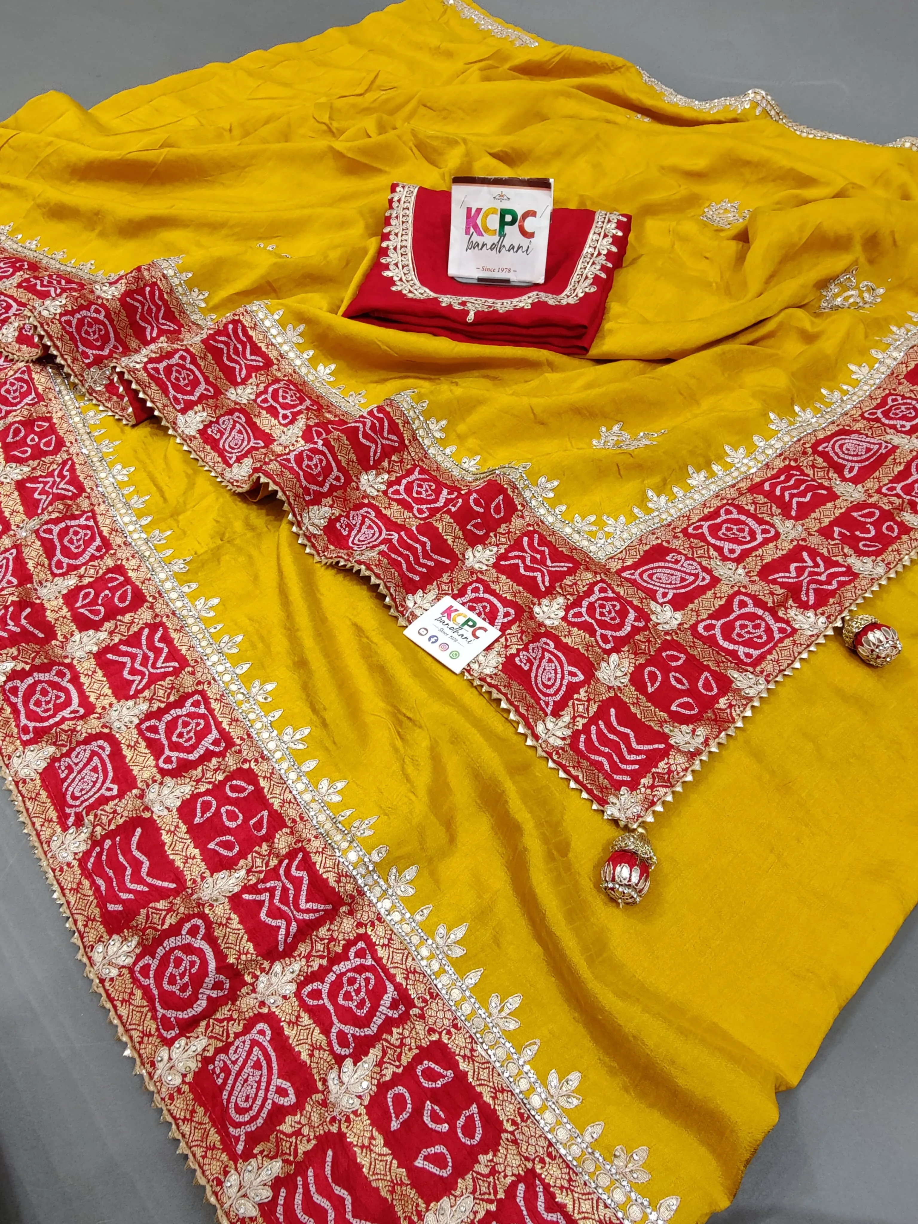 Designer Upada Gaji Silk Bandhani Border Saree with Gotapatti Handwork PAL Yellow