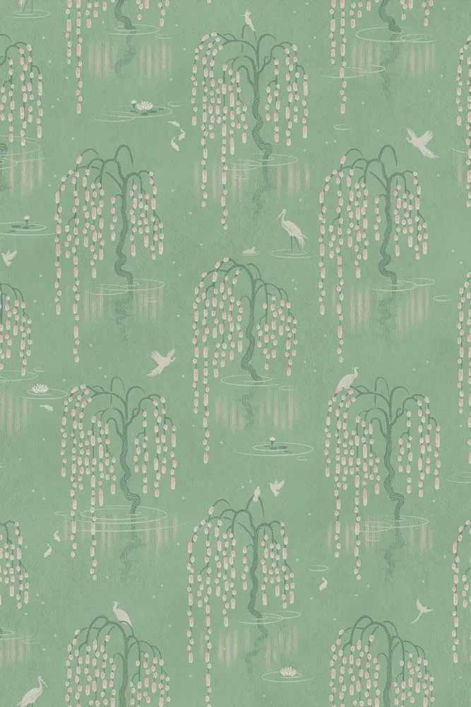 Divine Savages Kyoto Blossom Willow Green Wallpaper