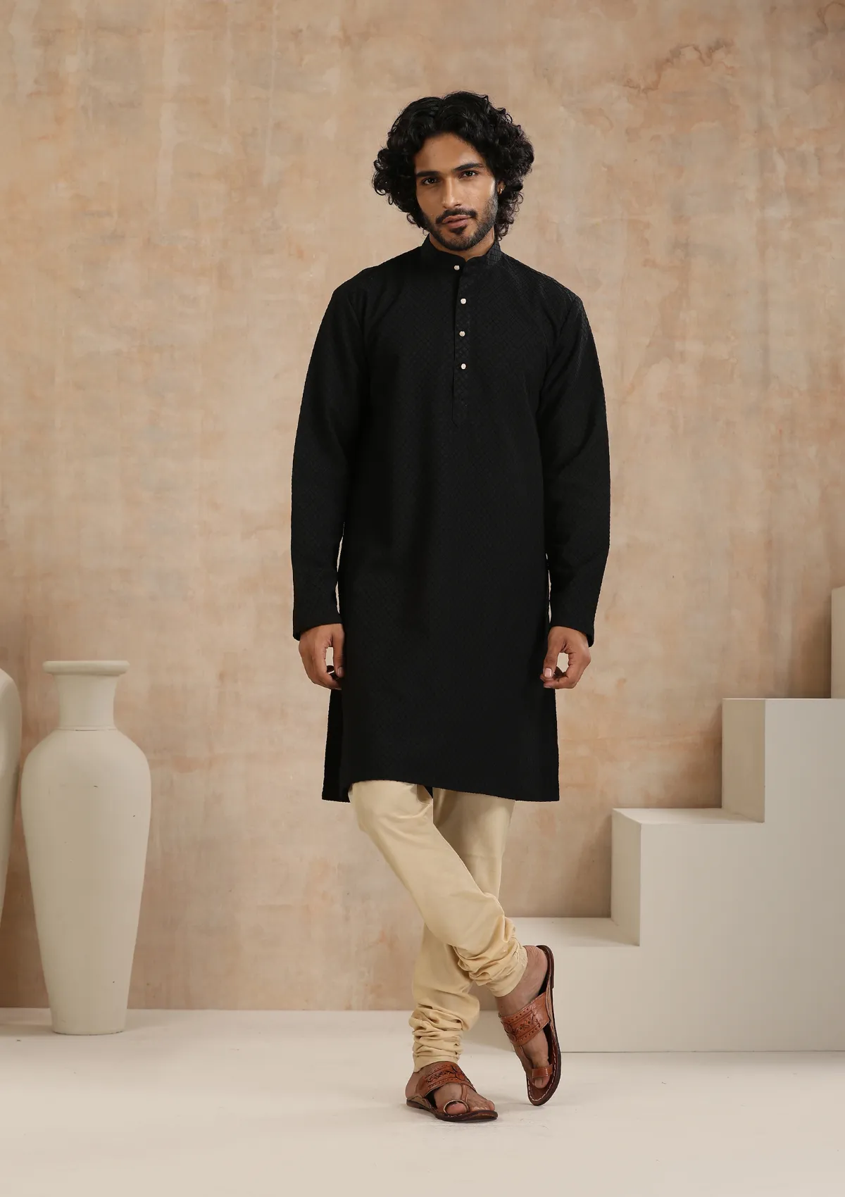 Dobby Textured Solid Men's Long Kurta - Black