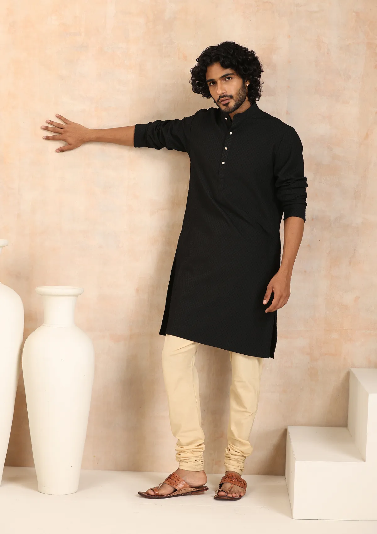 Dobby Textured Solid Men's Long Kurta - Black