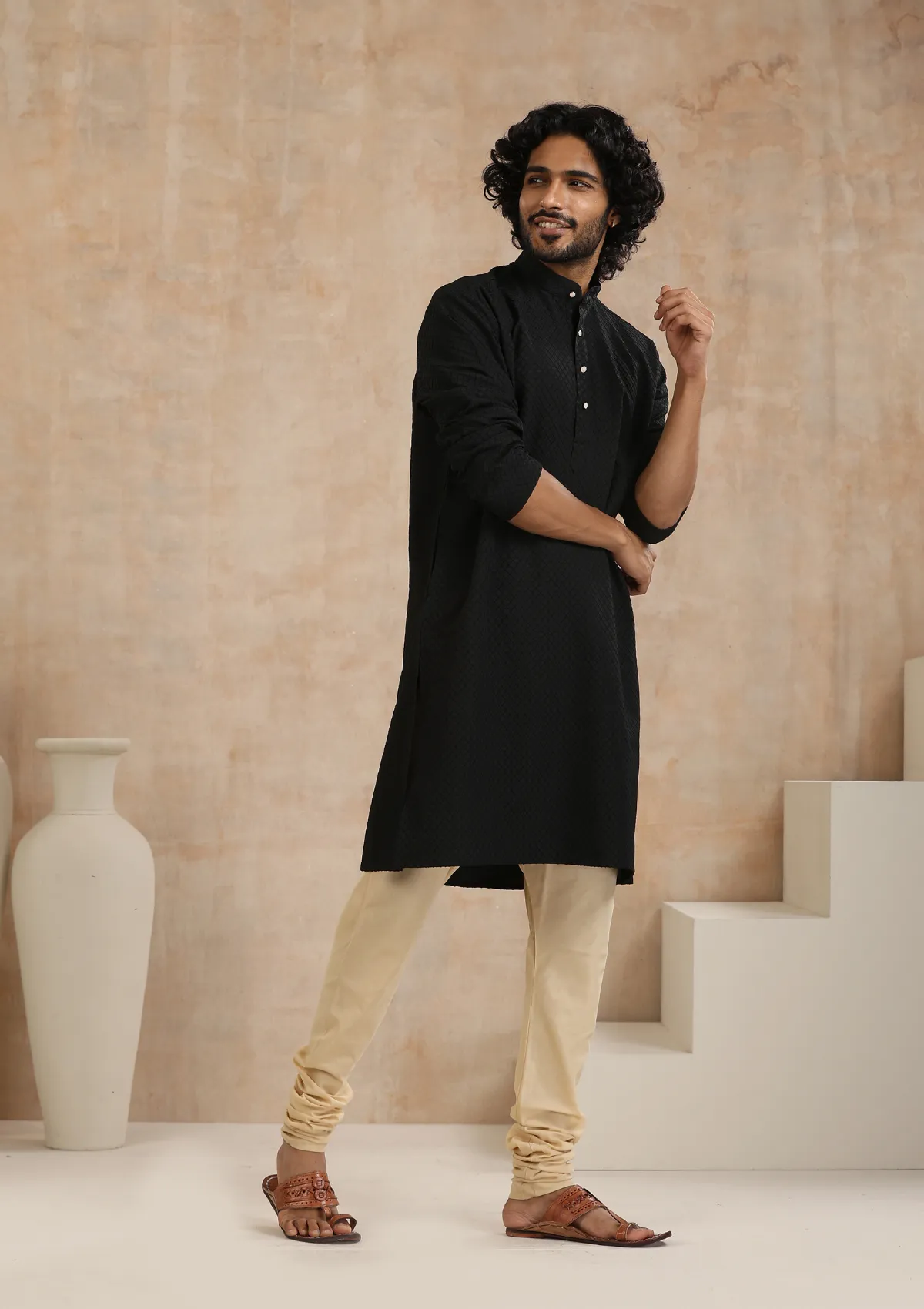 Dobby Textured Solid Men's Long Kurta - Black