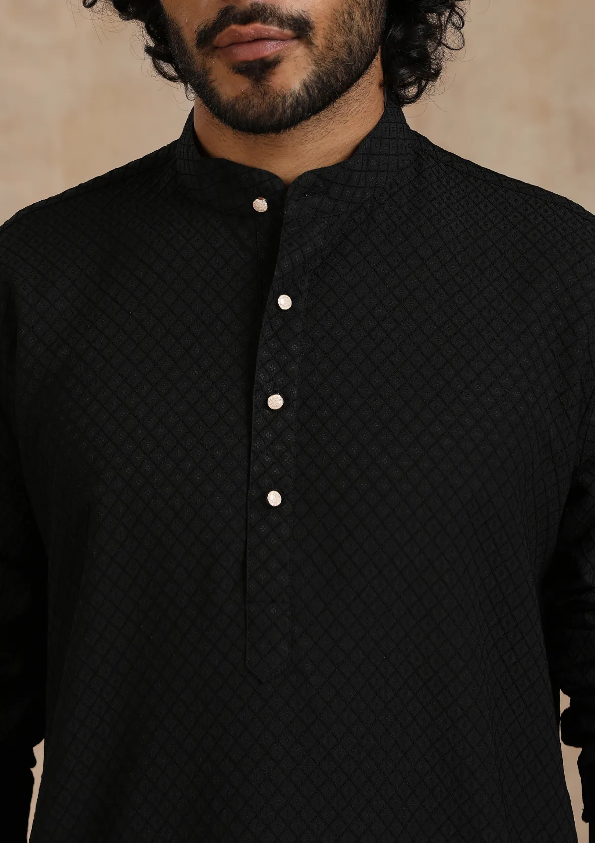 Dobby Textured Solid Men's Long Kurta - Black