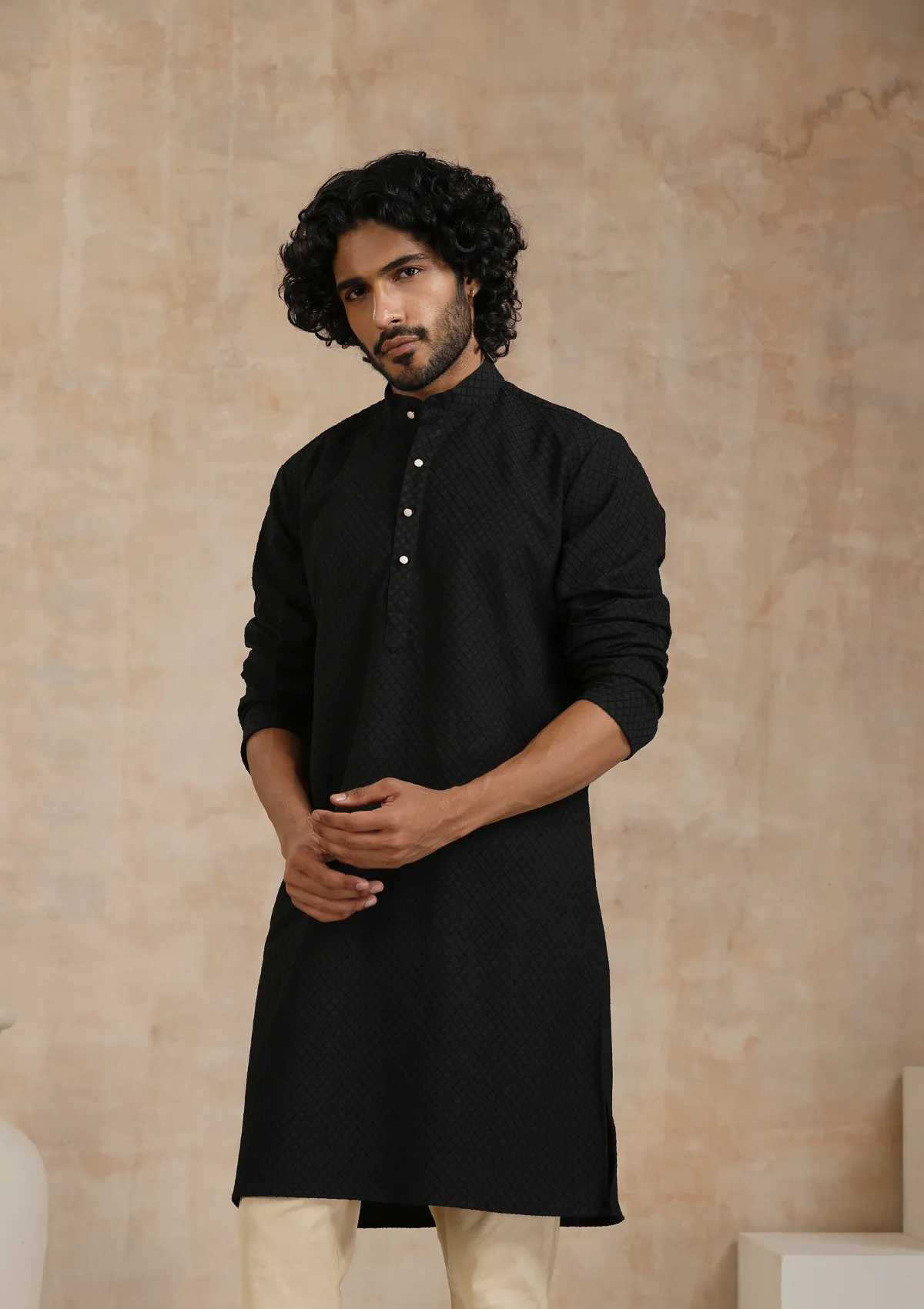 Dobby Textured Solid Men's Long Kurta - Black