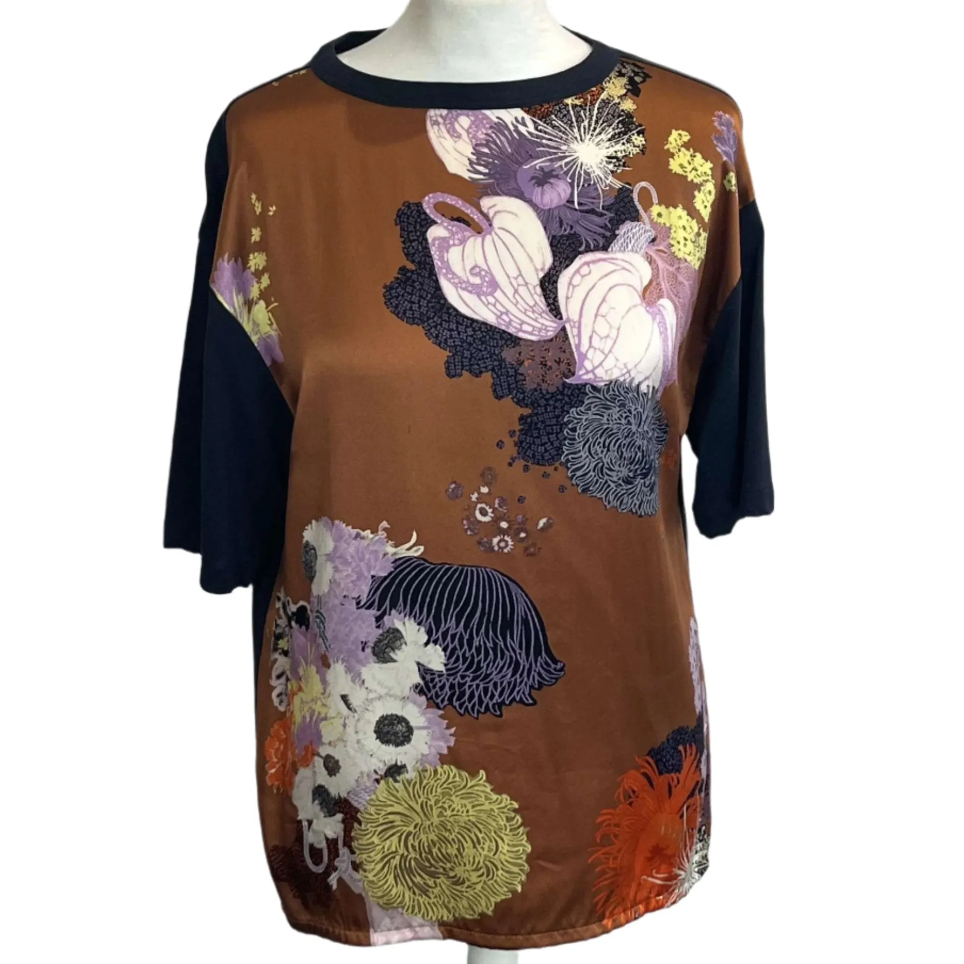 Dries Van Noten Navy & Copper Print Tee Top S