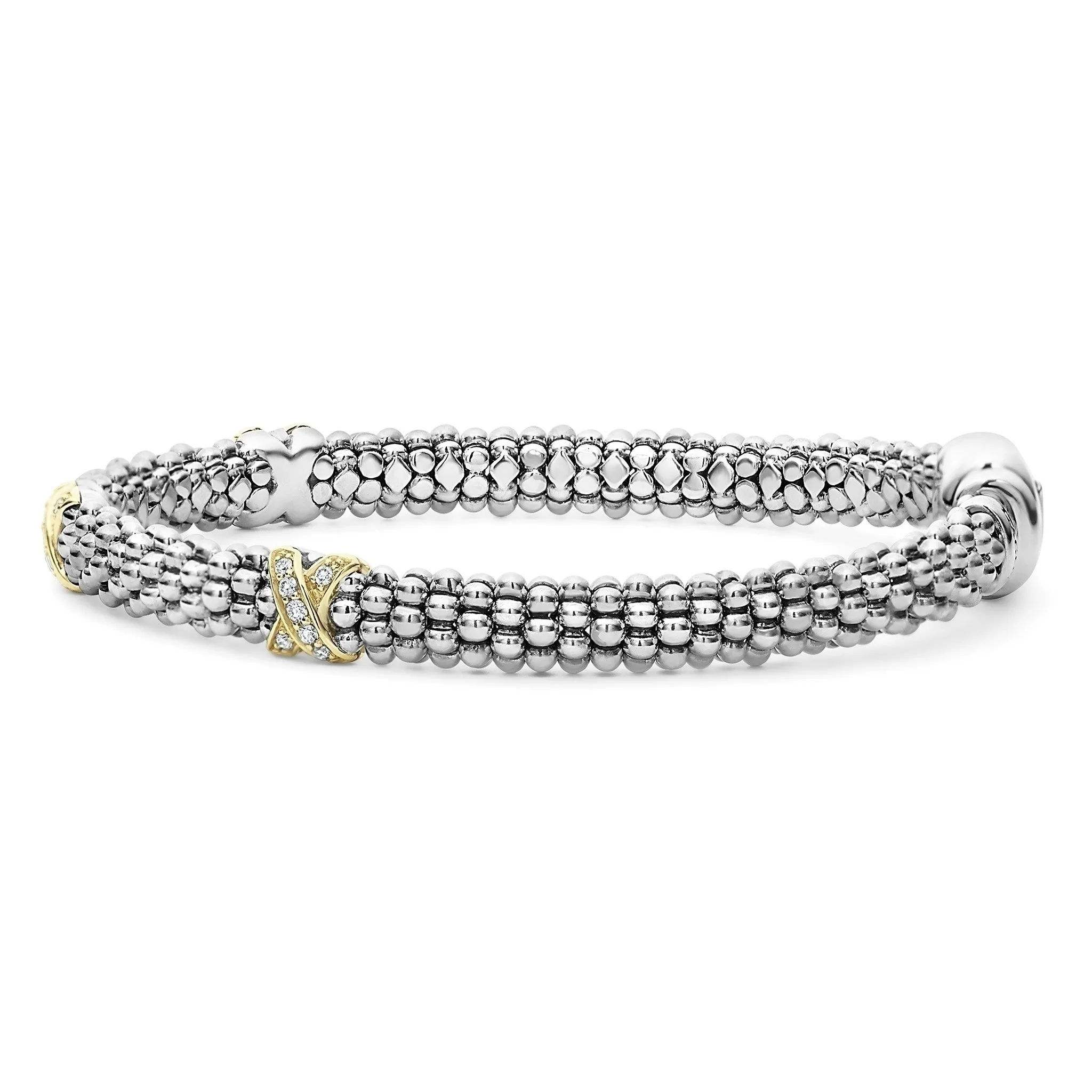 Embrace Three Station Gold X Diamond Caviar Bracelet | 6mm