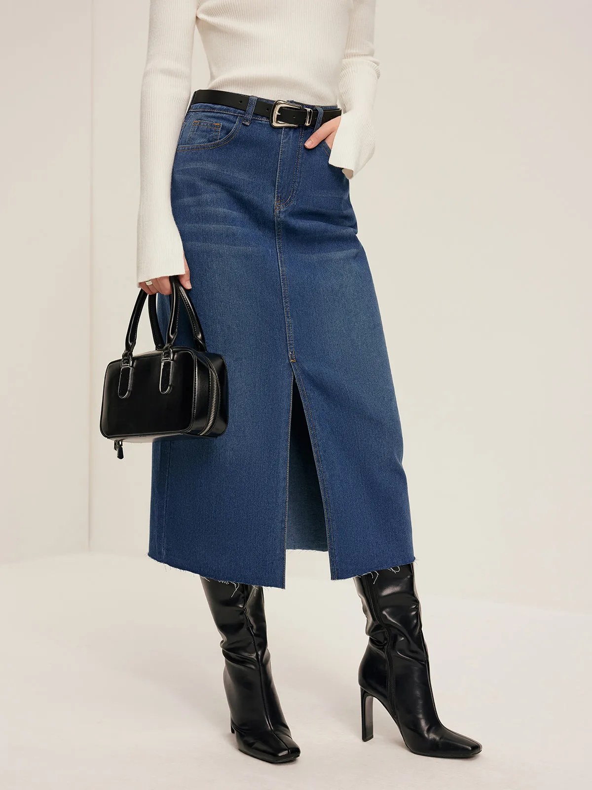 Front Split Denim Skirt Without Belt