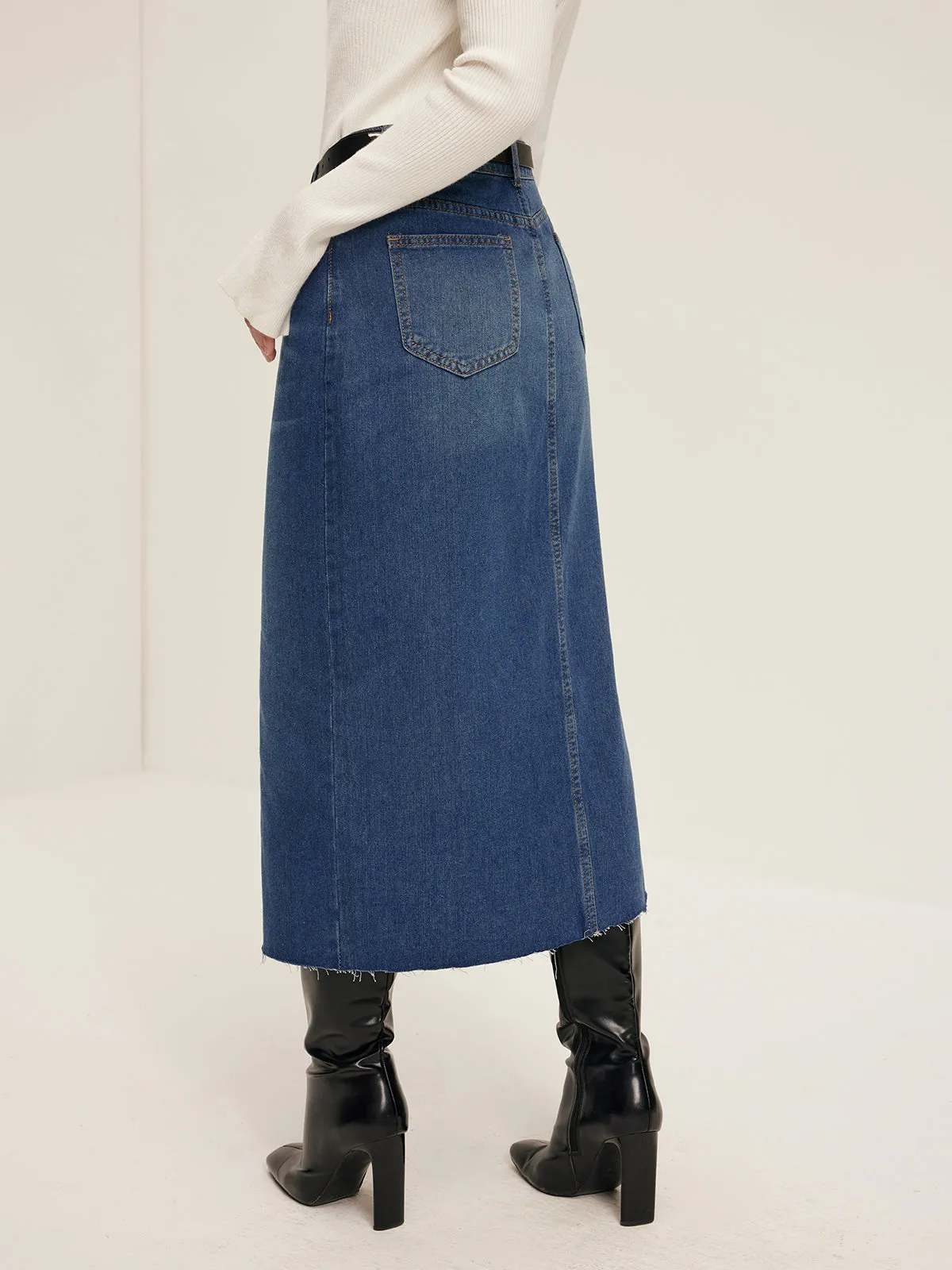 Front Split Denim Skirt Without Belt