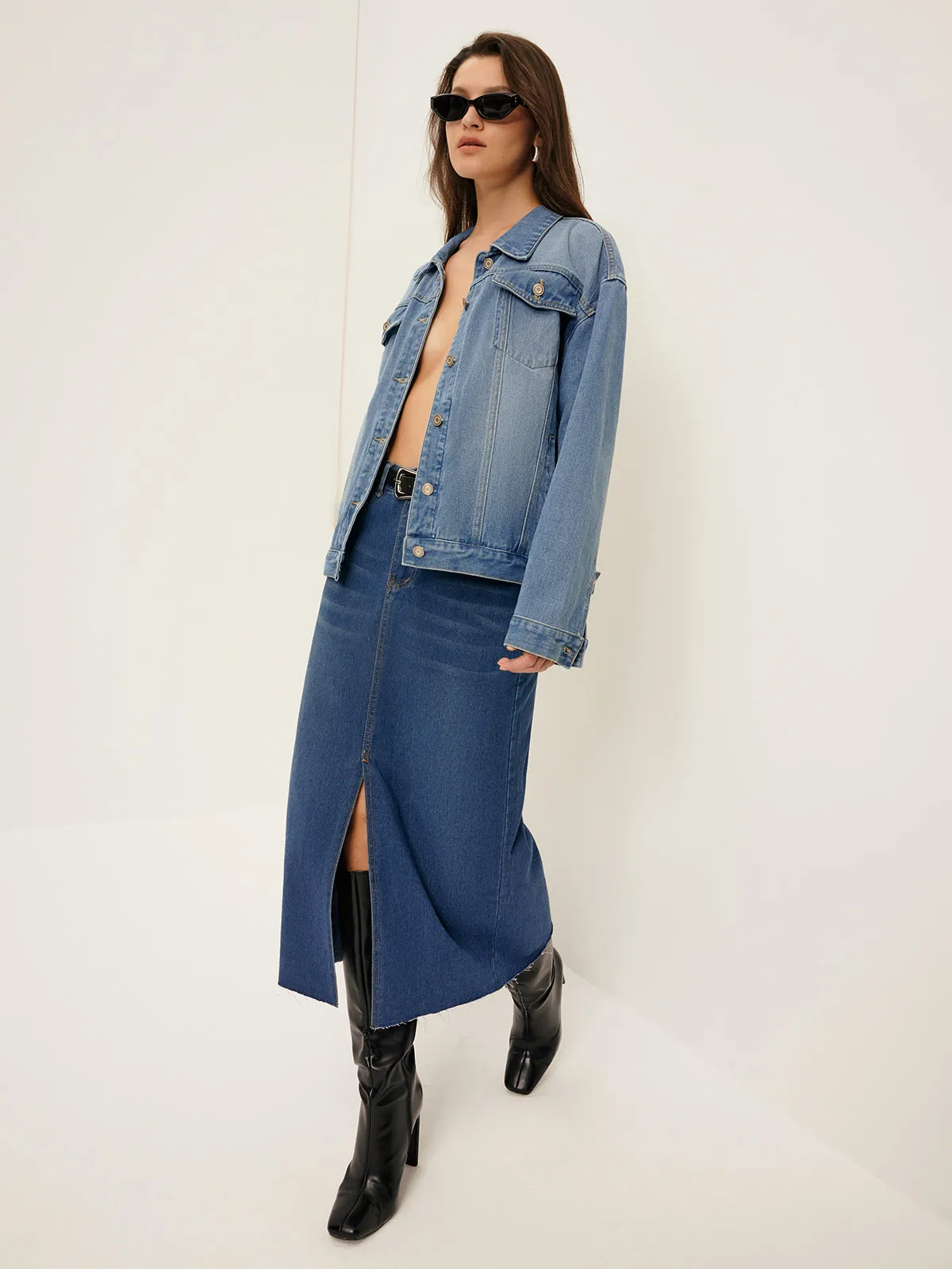 Front Split Denim Skirt Without Belt