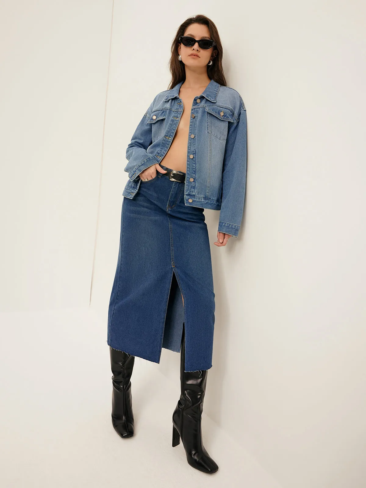 Front Split Denim Skirt Without Belt