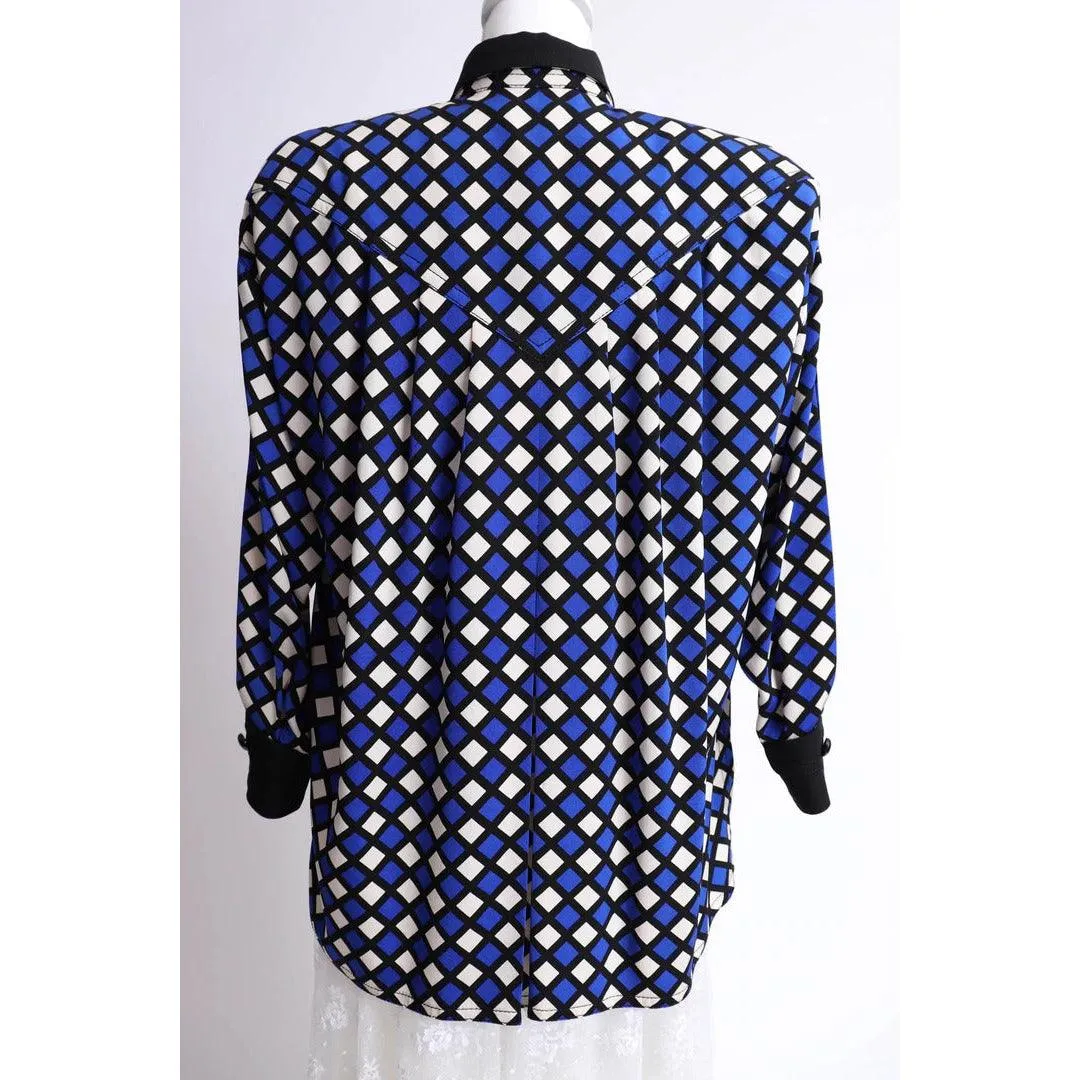 GALANOS 1980's Black, White, and Blue Silk Print Jacket |  L/XL