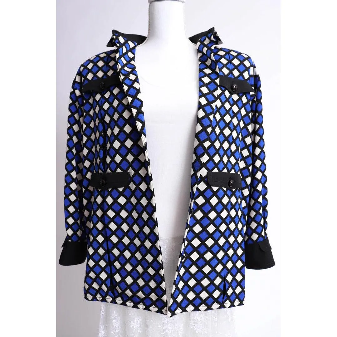 GALANOS 1980's Black, White, and Blue Silk Print Jacket |  L/XL