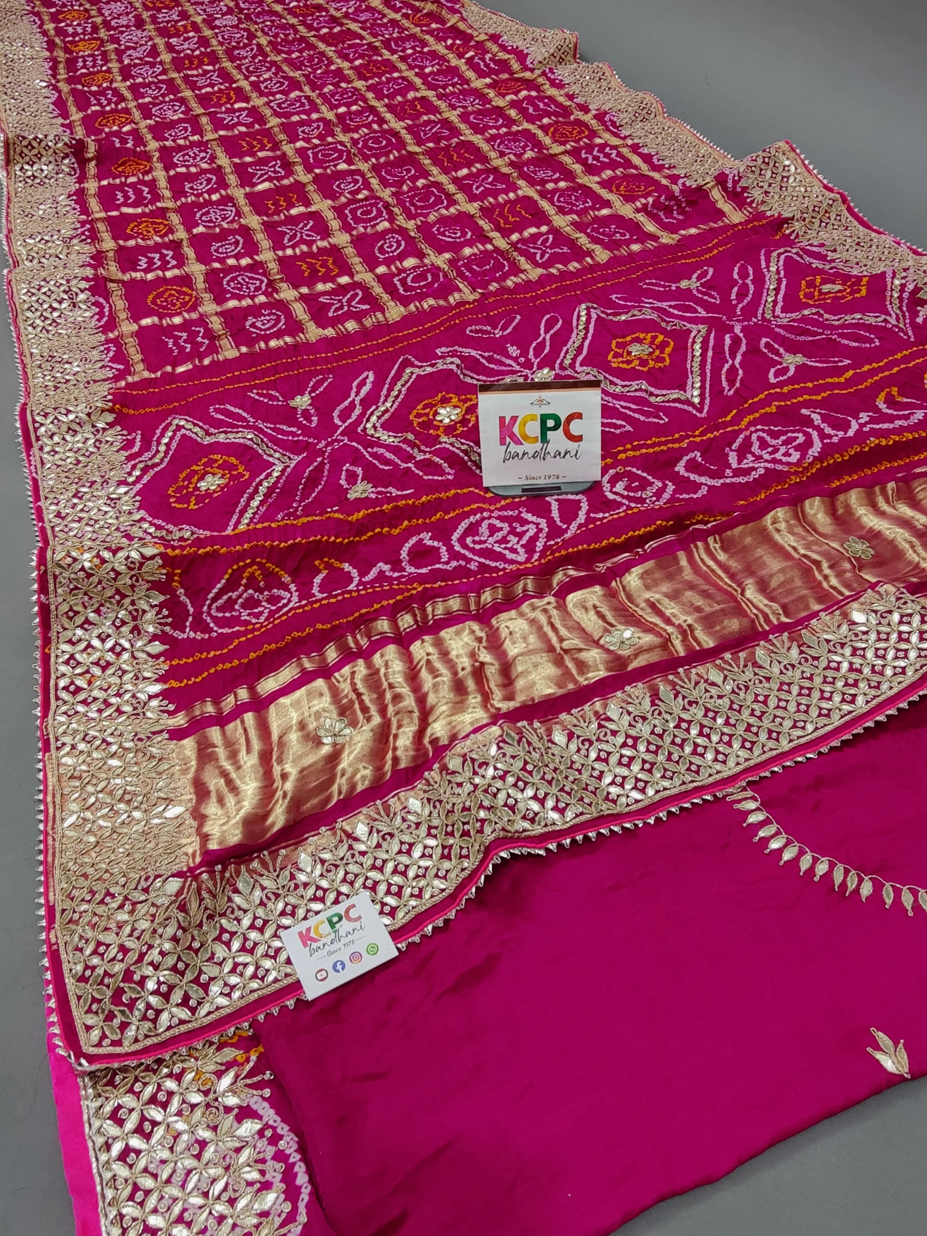 KcPc Exclusive Designer Jaipuri Gaji Silk Ghatchola Bandhej Saree with luxury Gotapatti work amt