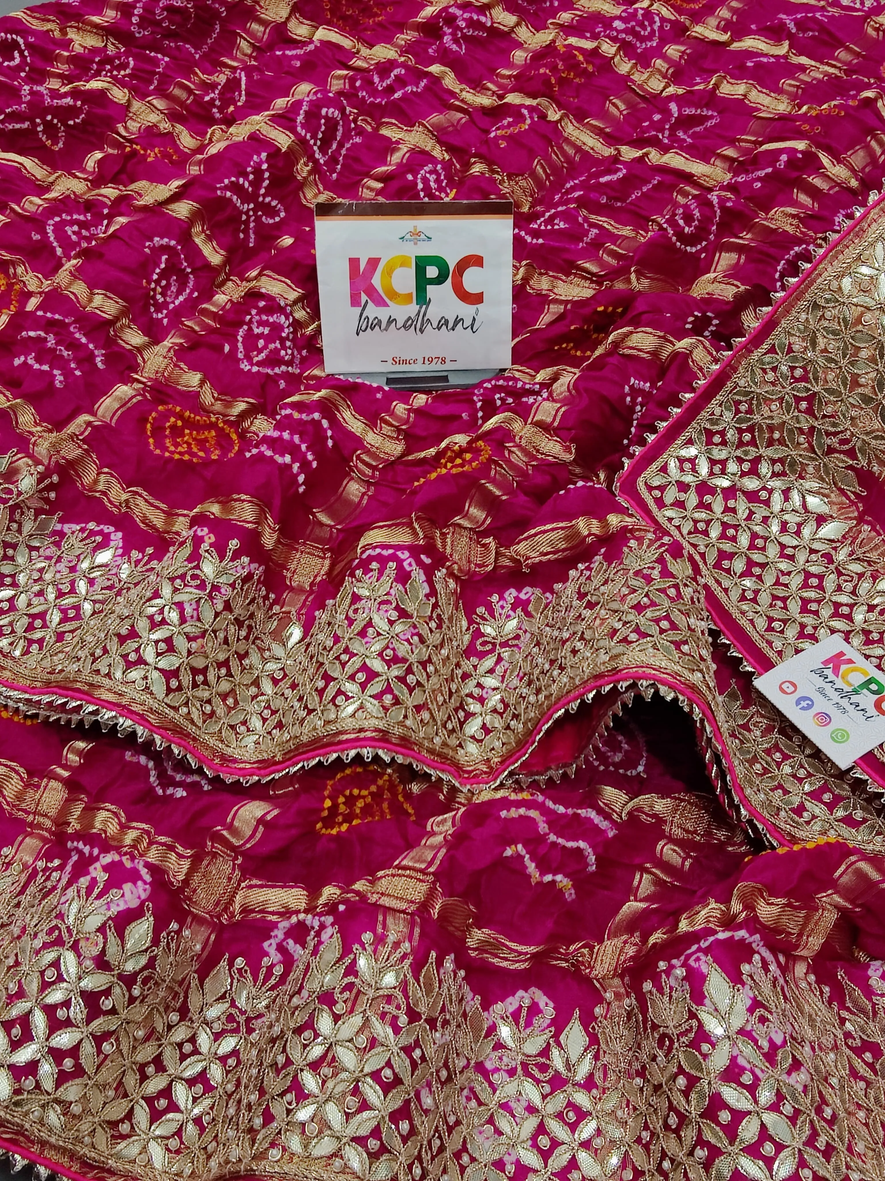 KcPc Exclusive Designer Jaipuri Gaji Silk Ghatchola Bandhej Saree with luxury Gotapatti work amt