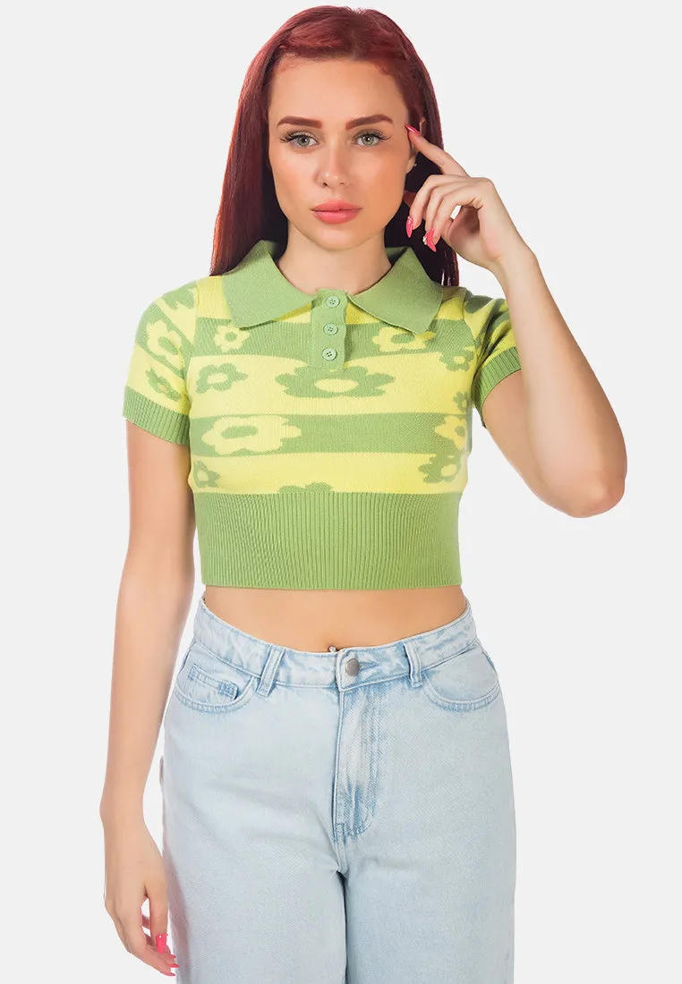 Knitted Floral Striped Crop Polo Tee