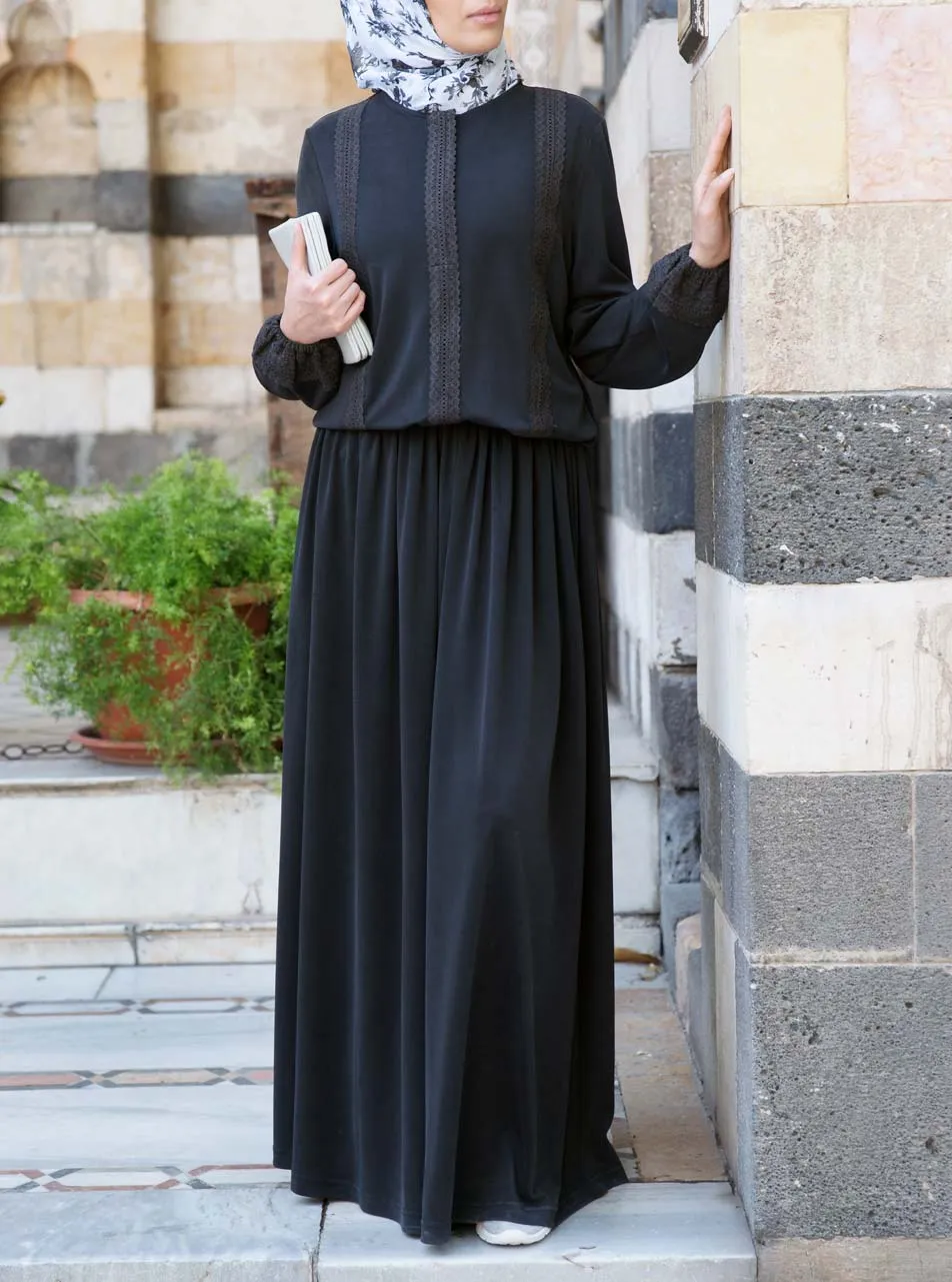 Lace Gathered Waist Abaya