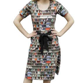 Library Shelves Belted A-Line Dress (No Waist Seam)