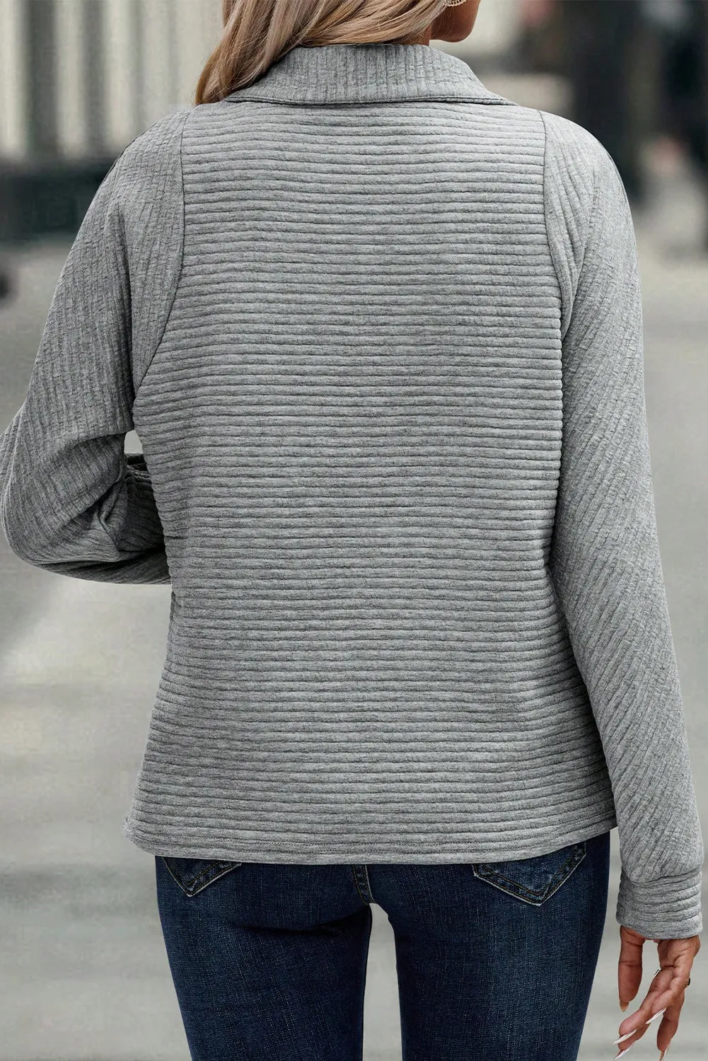 Medium Grey Ribbed Texture Quarter Zip Sweatshirt