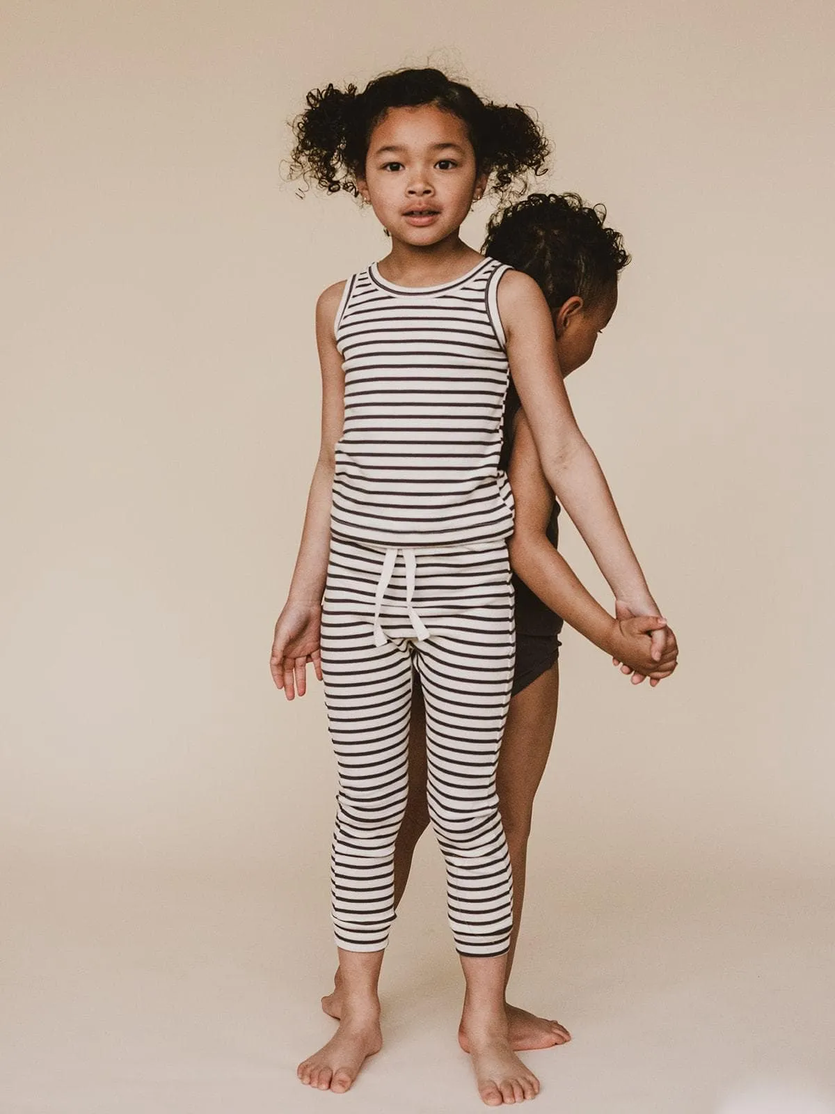 organic cotton drawstring striped leggings - natural/charcoal