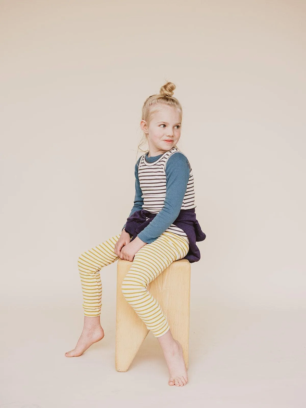 organic cotton drawstring striped leggings - natural/chartreuse